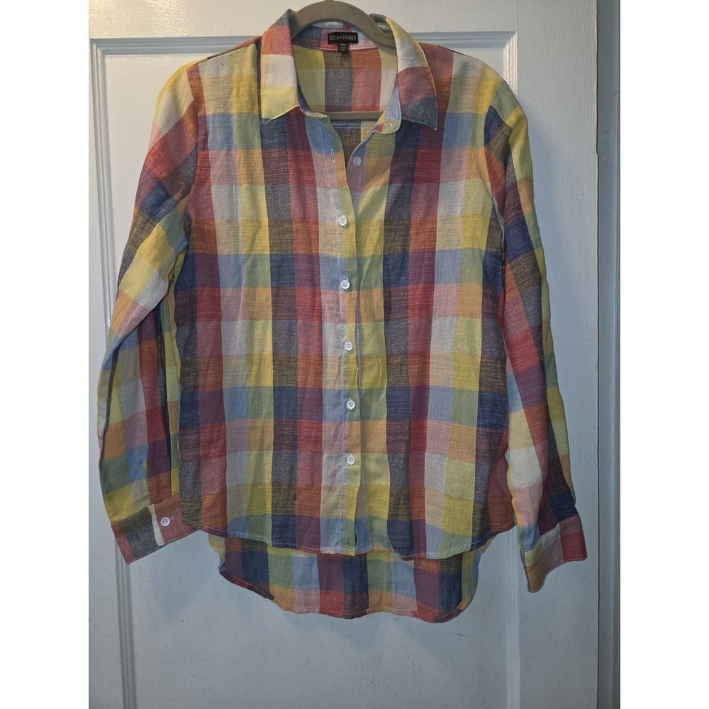 Women's Coco + Carmen Long Sleeve Rainbow Plaid Button Down. High Low Hem. S